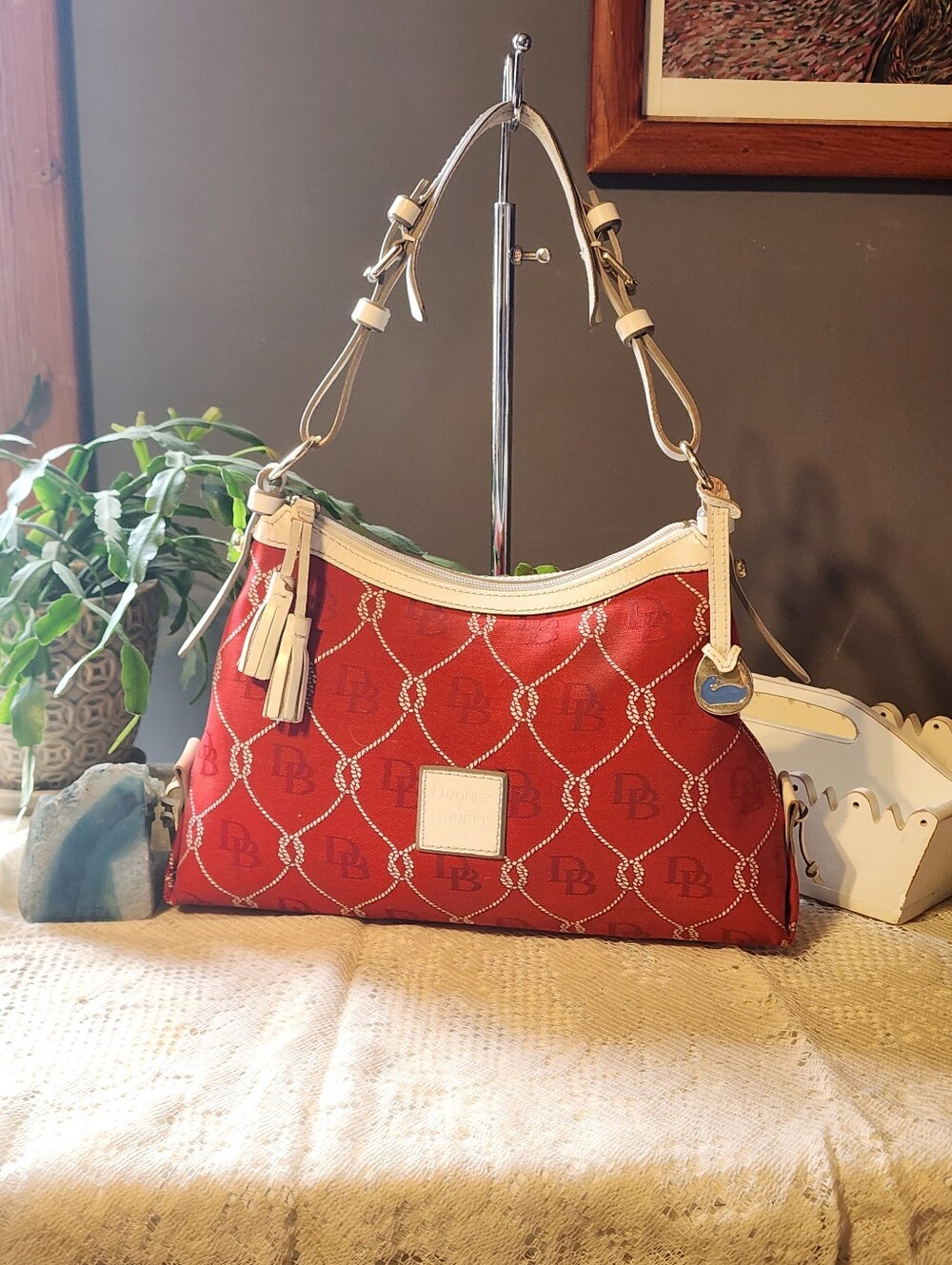 Dooney & Bourke Red Nautical Rope Monogram Hobo Bag Vintage